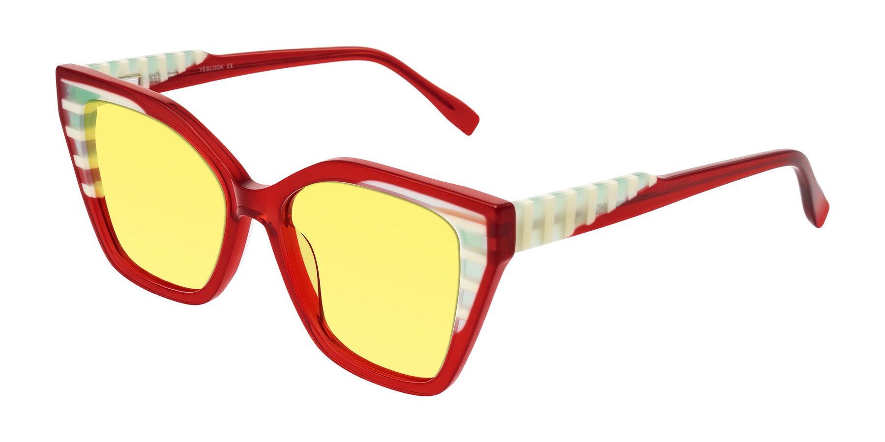 Angle of Zimme in Cherry Pop with Medium Yellow Tinted Lenses