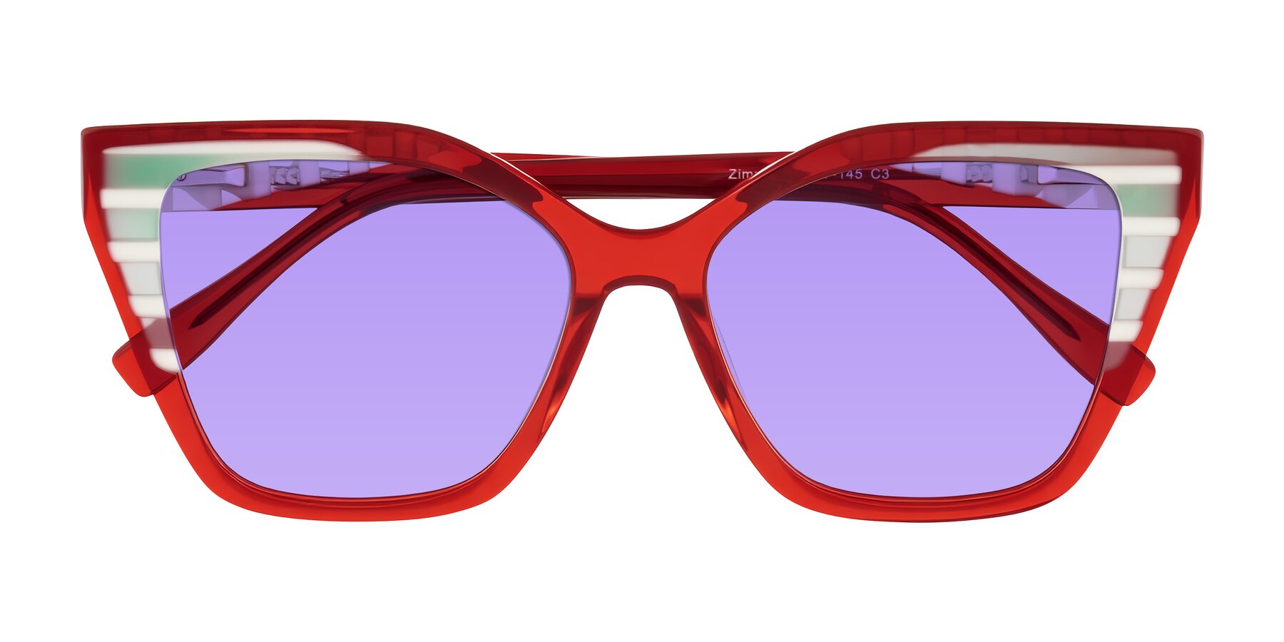 Folded Front of Zimme in Cherry Pop with Medium Purple Tinted Lenses