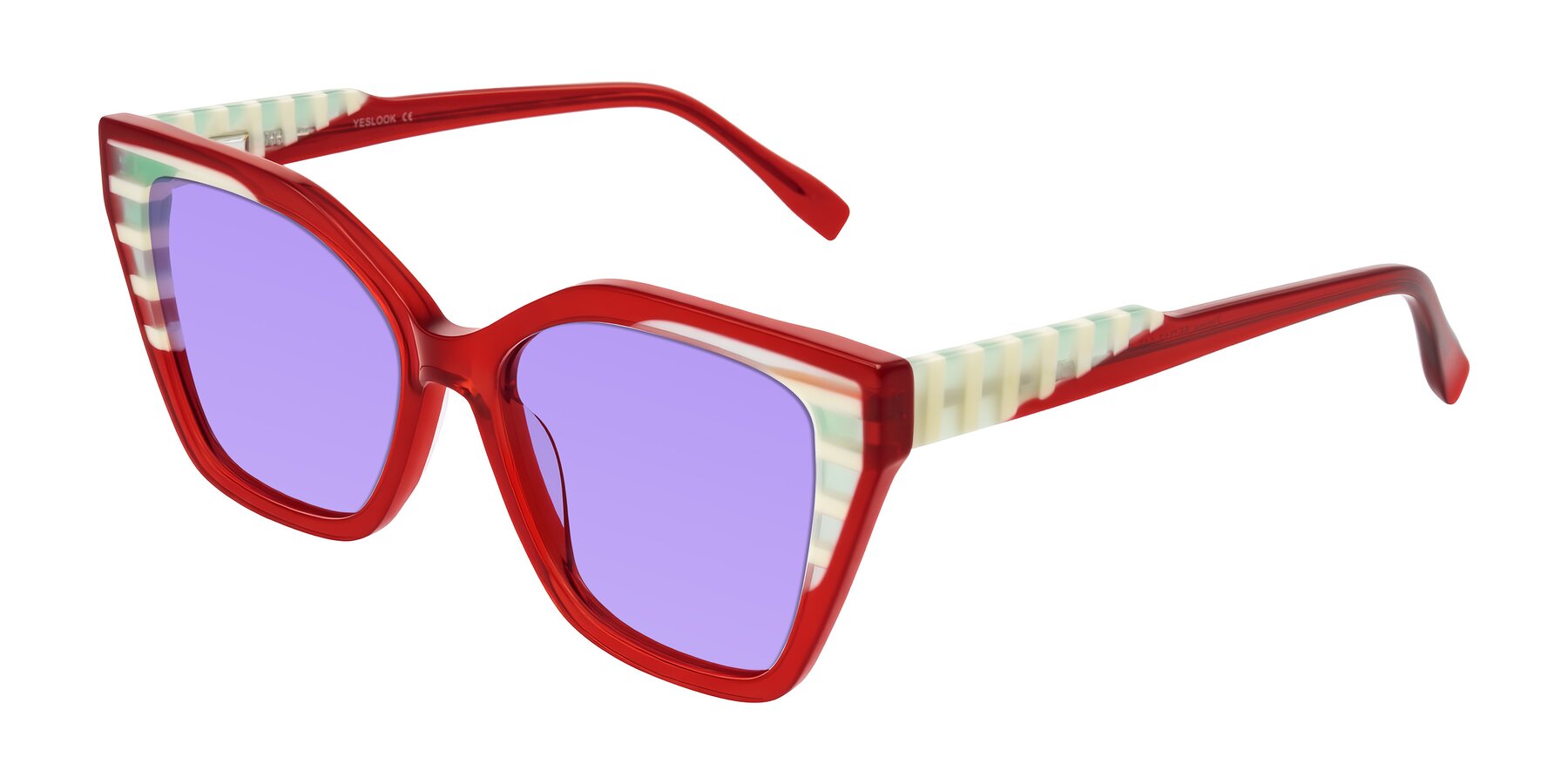 Angle of Zimme in Cherry Pop with Medium Purple Tinted Lenses