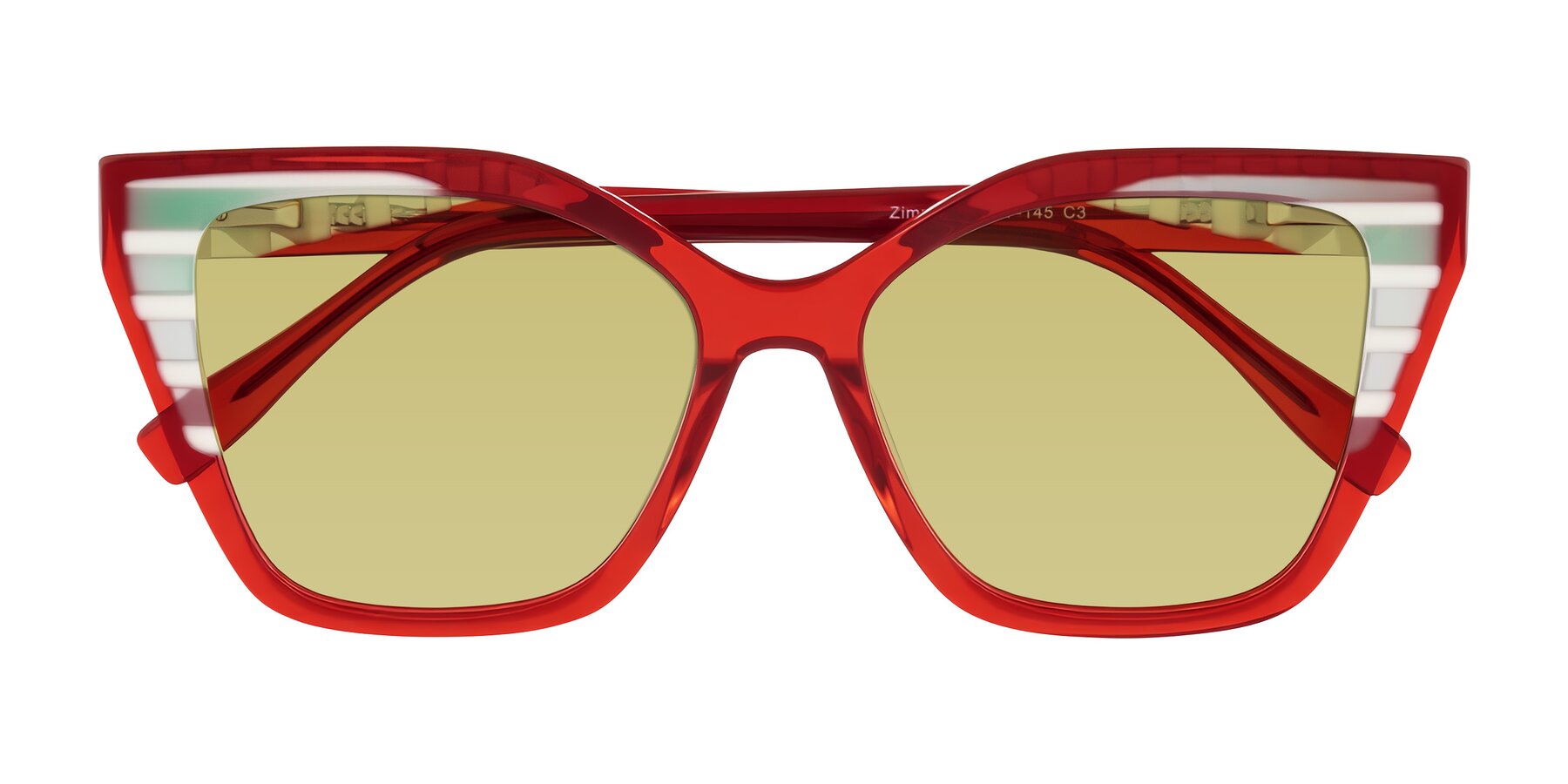Folded Front of Zimme in Cherry Pop with Medium Champagne Tinted Lenses