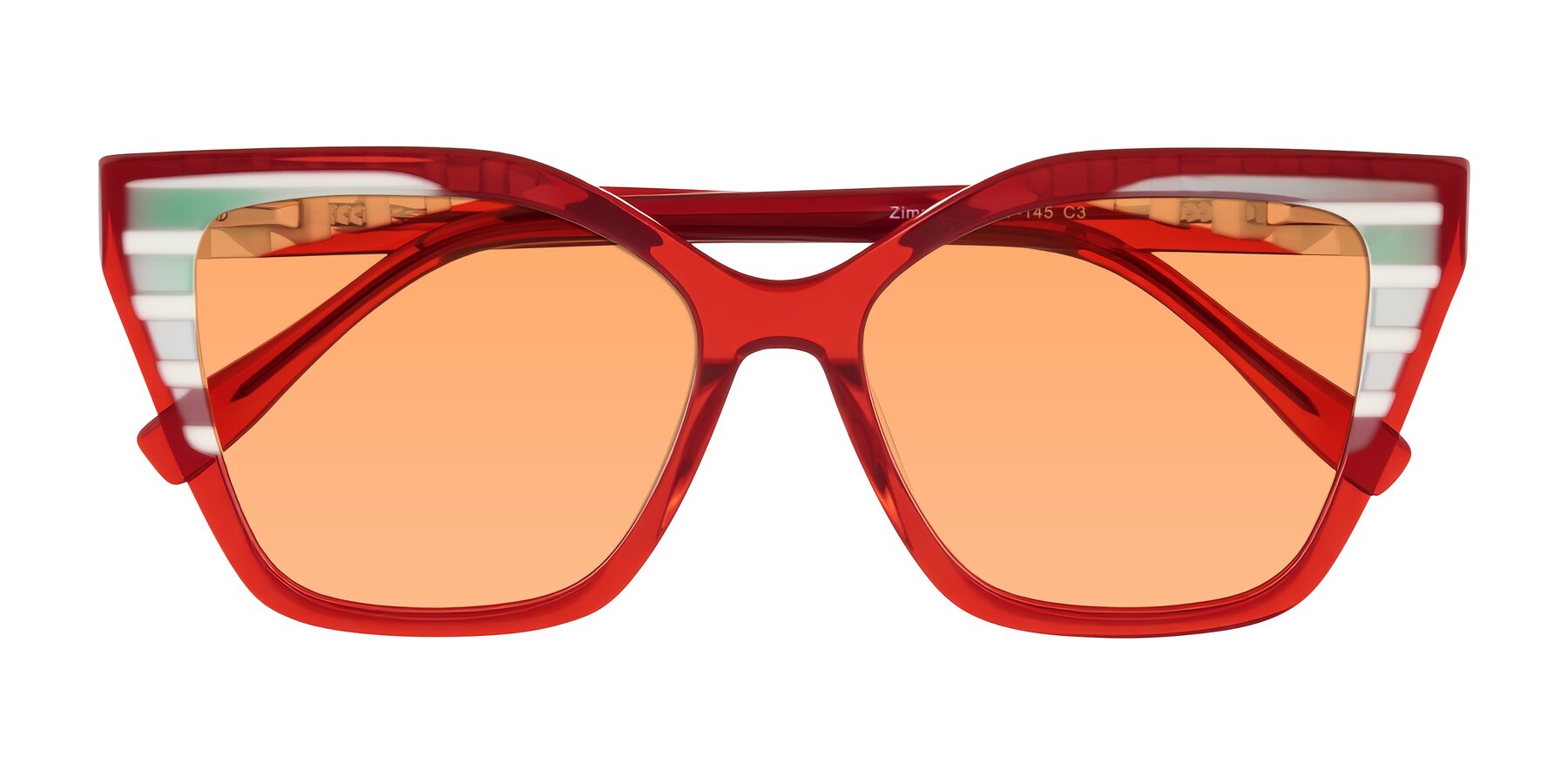 Folded Front of Zimme in Cherry Pop with Medium Orange Tinted Lenses
