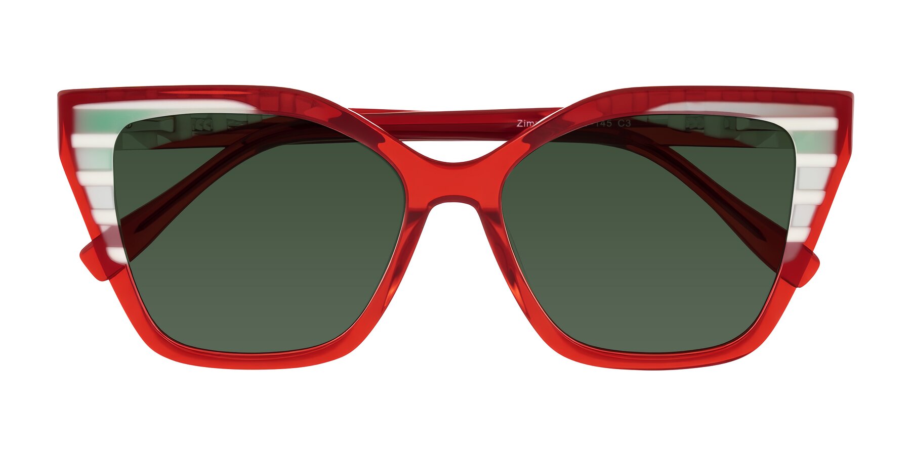Folded Front of Zimme in Cherry Pop with Green Tinted Lenses