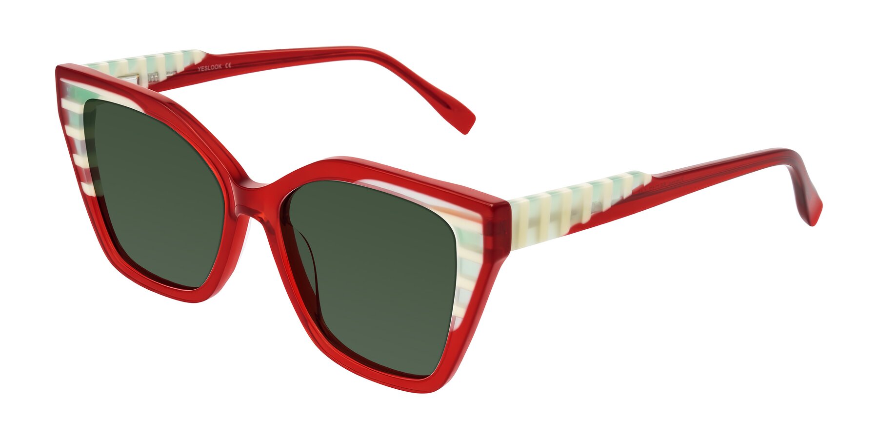 Angle of Zimme in Cherry Pop with Green Tinted Lenses