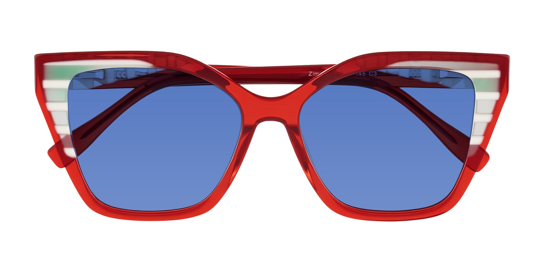 Folded Front of Zimme in Cherry Pop with Blue Tinted Lenses