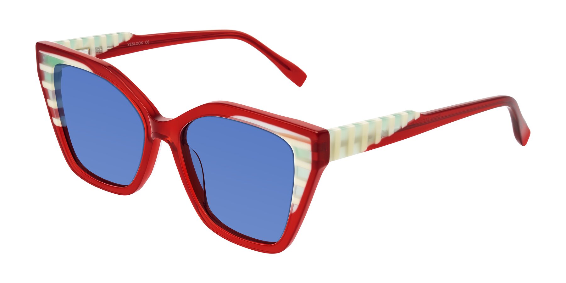 Angle of Zimme in Cherry Pop with Blue Tinted Lenses