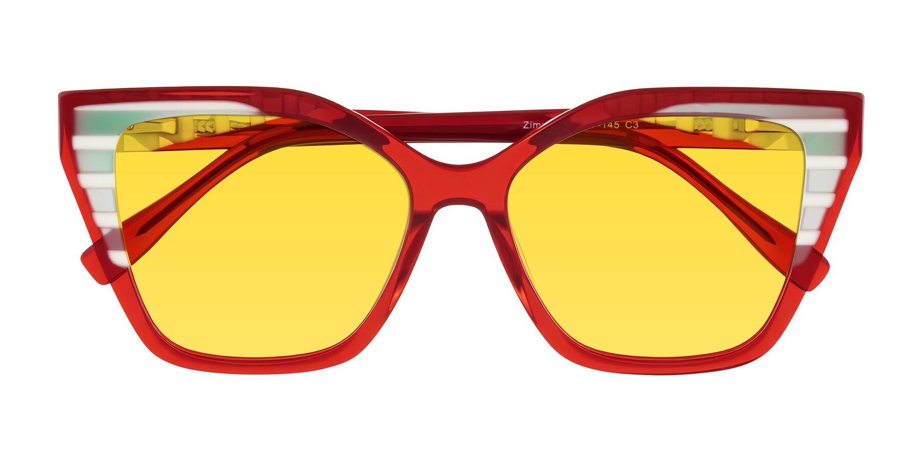 Folded Front of Zimme in Cherry Pop with Yellow Tinted Lenses