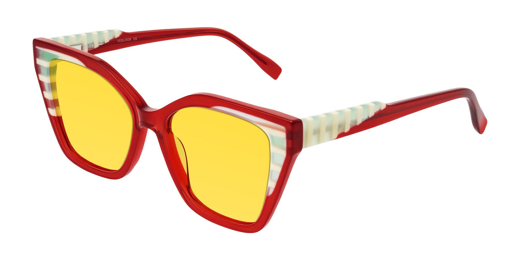 Angle of Zimme in Cherry Pop with Yellow Tinted Lenses