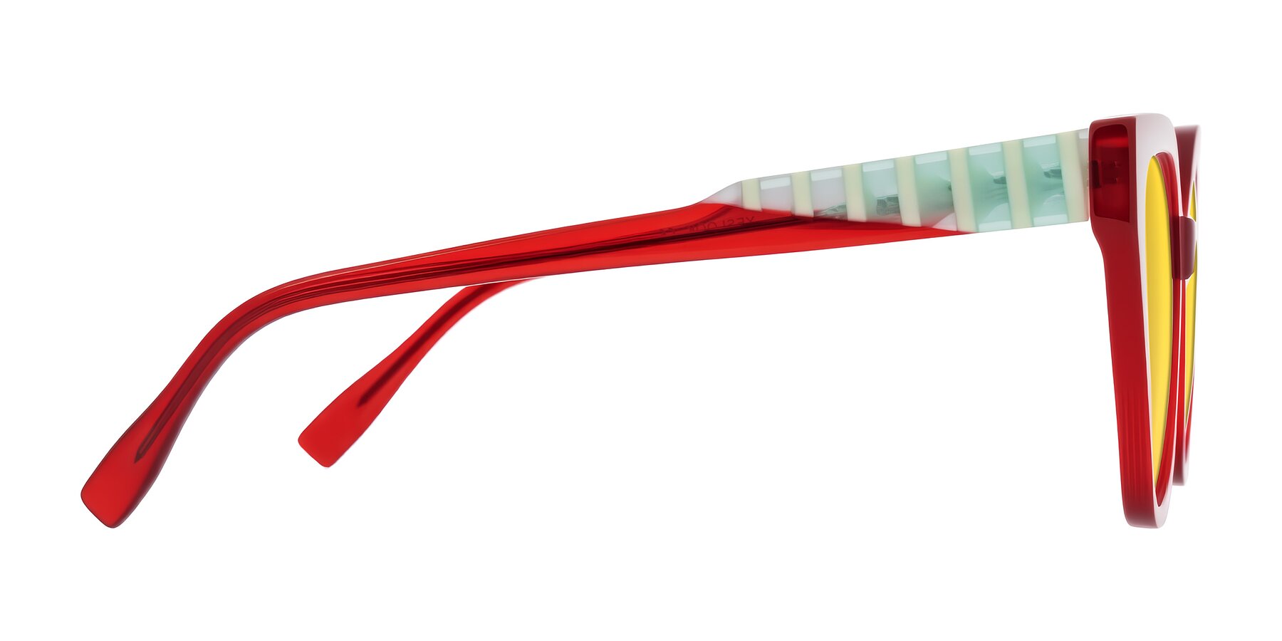 Side of Zimme in Cherry Pop with Yellow Tinted Lenses