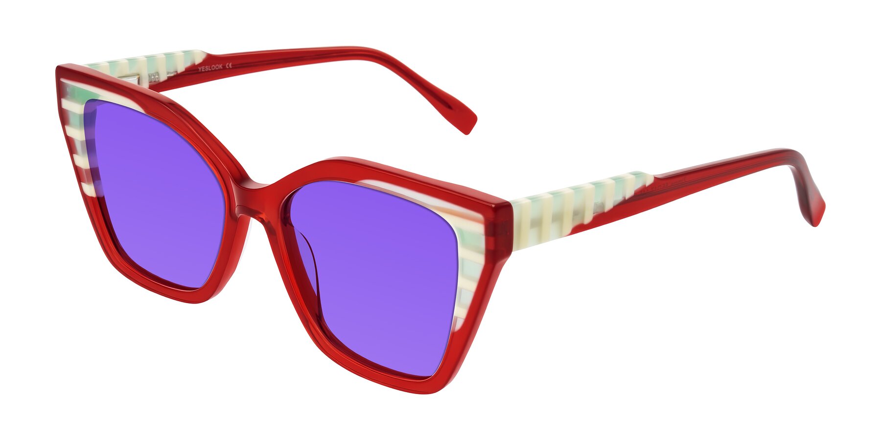 Angle of Zimme in Cherry Pop with Purple Tinted Lenses