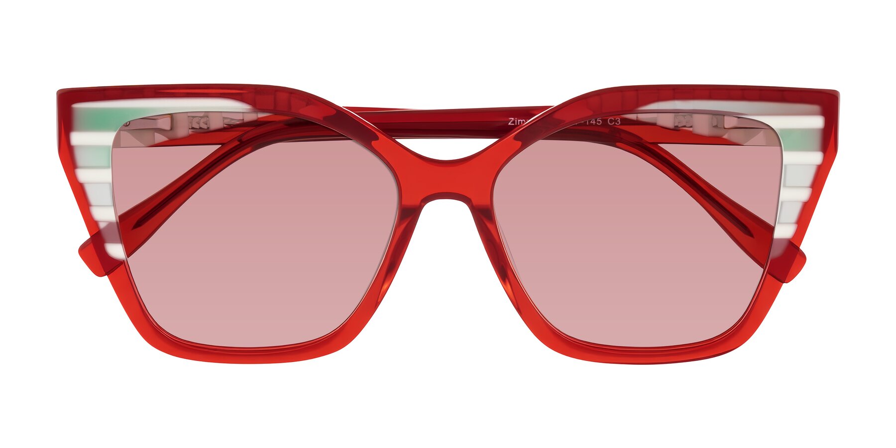 Folded Front of Zimme in Cherry Pop with Medium Garnet Tinted Lenses