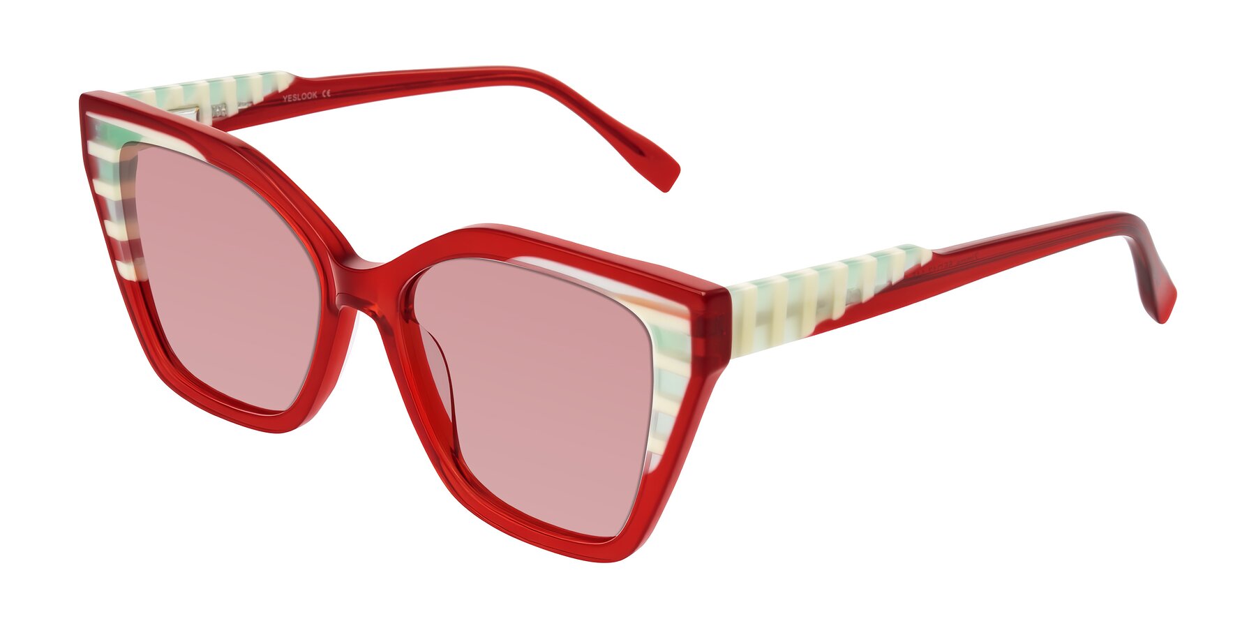 Angle of Zimme in Cherry Pop with Medium Garnet Tinted Lenses