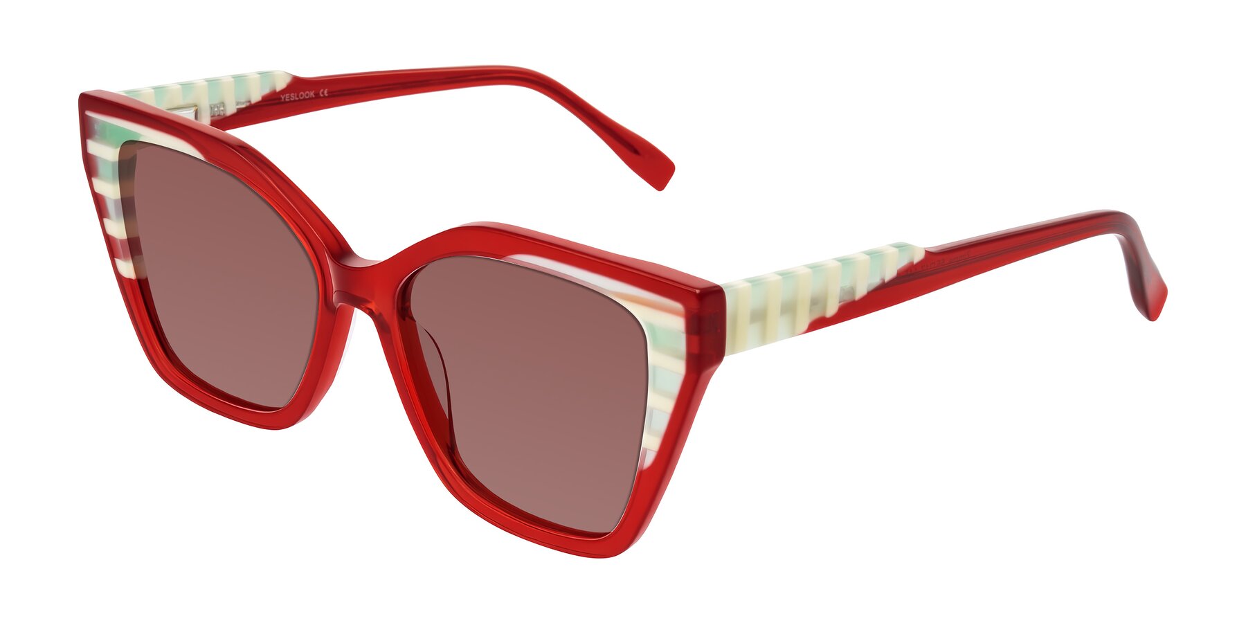 Angle of Zimme in Cherry Pop with Garnet Tinted Lenses