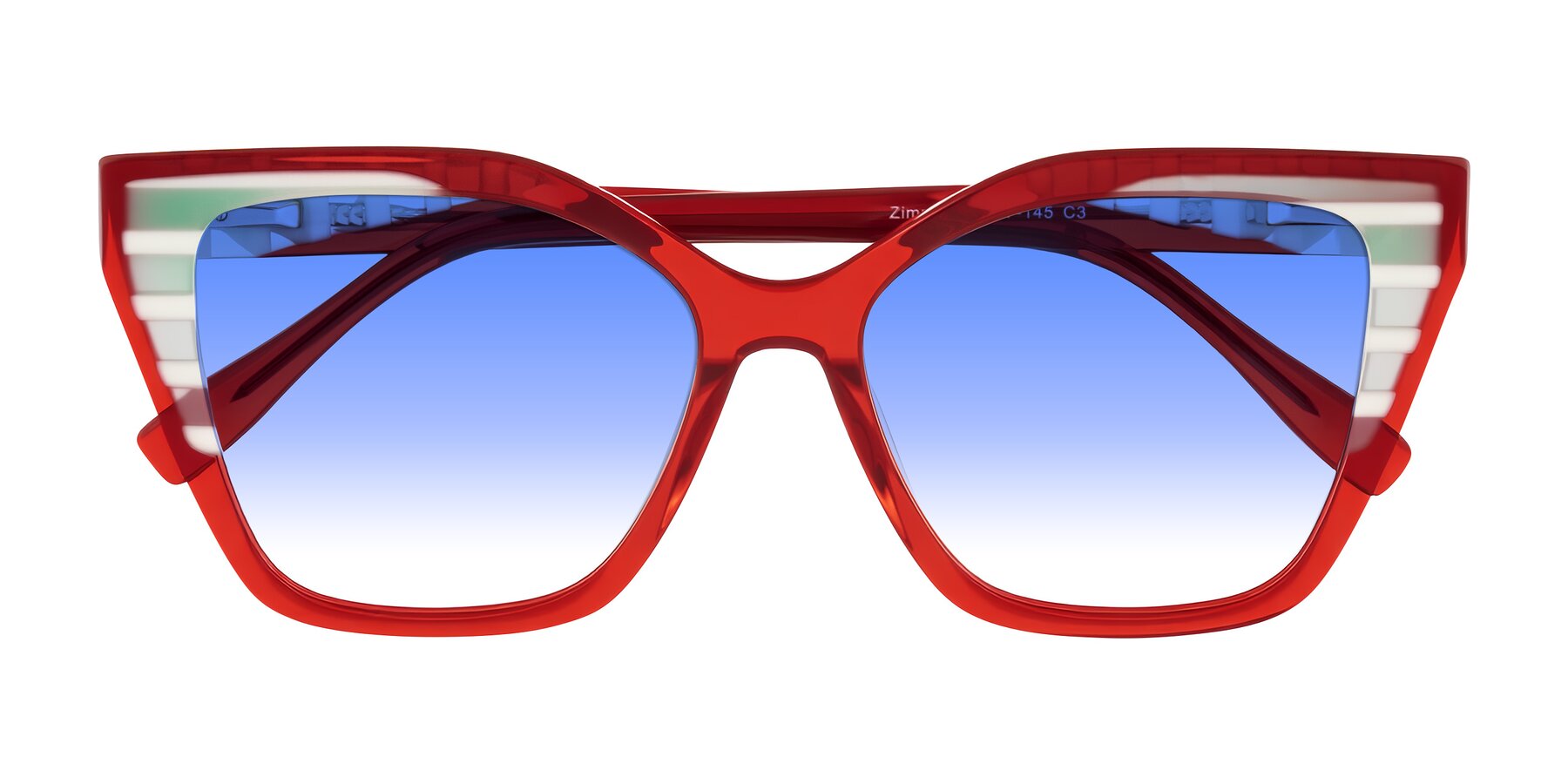 Folded Front of Zimme in Cherry Pop with Blue Gradient Lenses