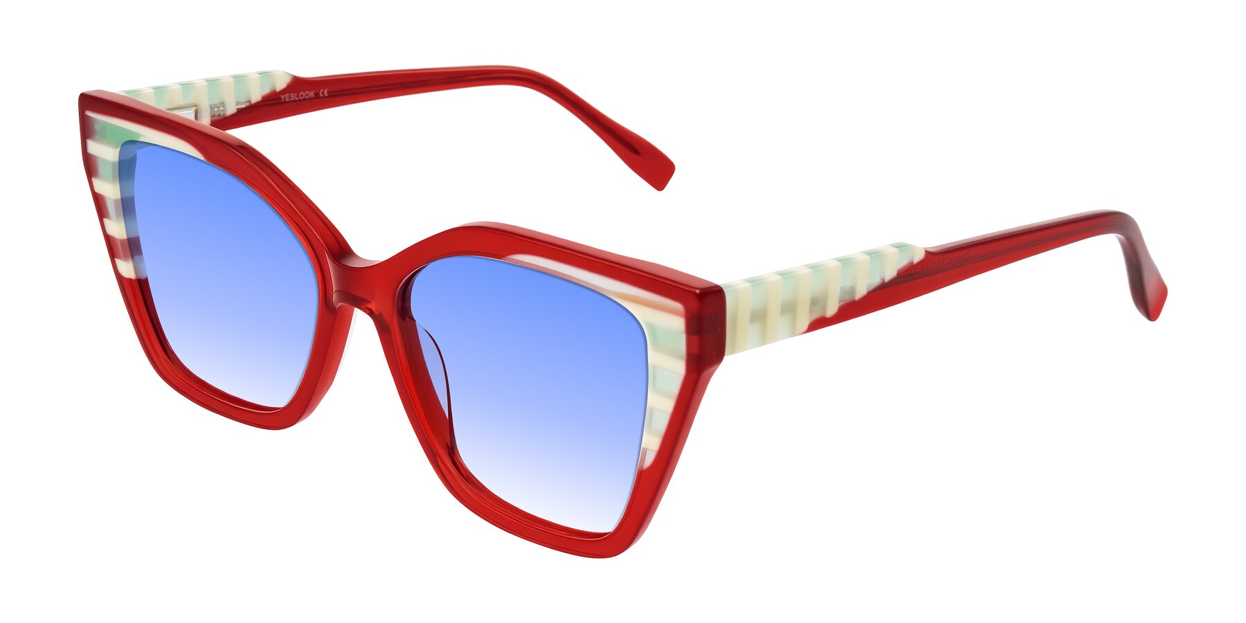 Angle of Zimme in Cherry Pop with Blue Gradient Lenses