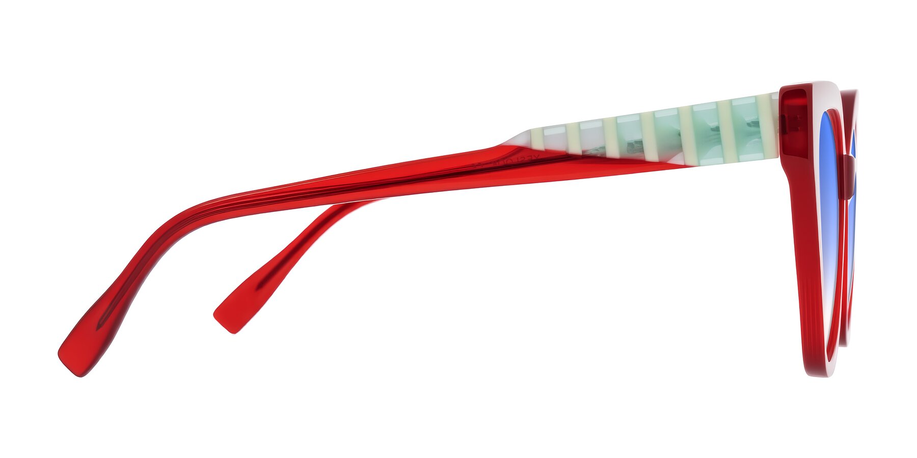 Side of Zimme in Cherry Pop with Blue Gradient Lenses