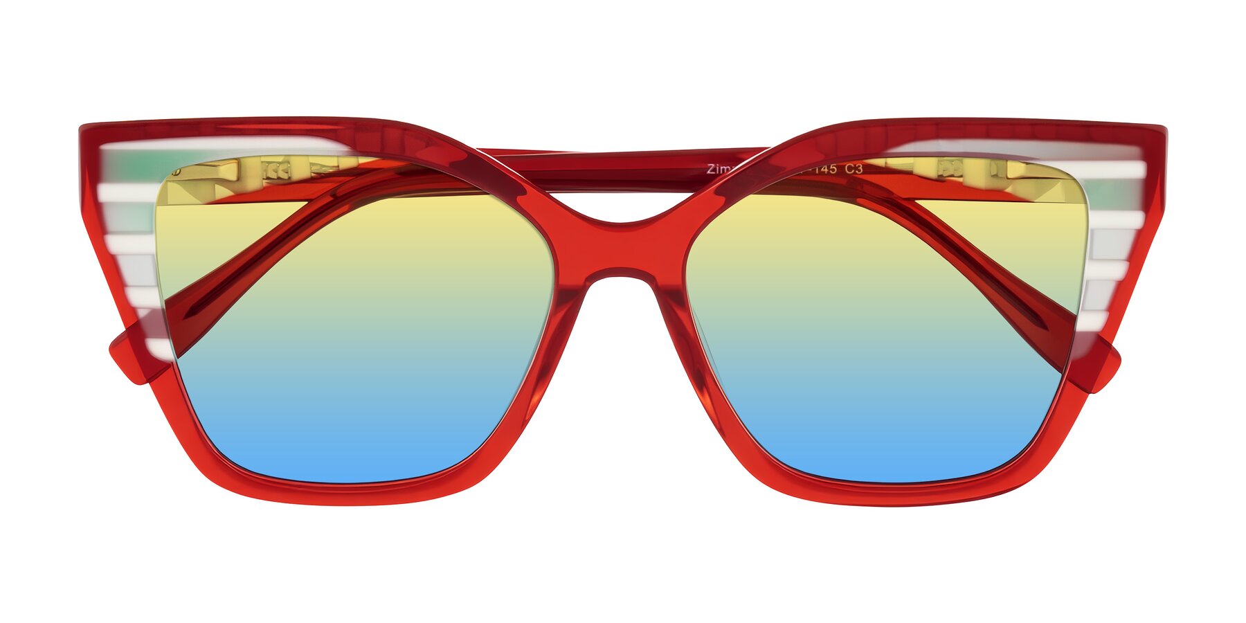 Folded Front of Zimme in Cherry Pop with Yellow / Blue Gradient Lenses