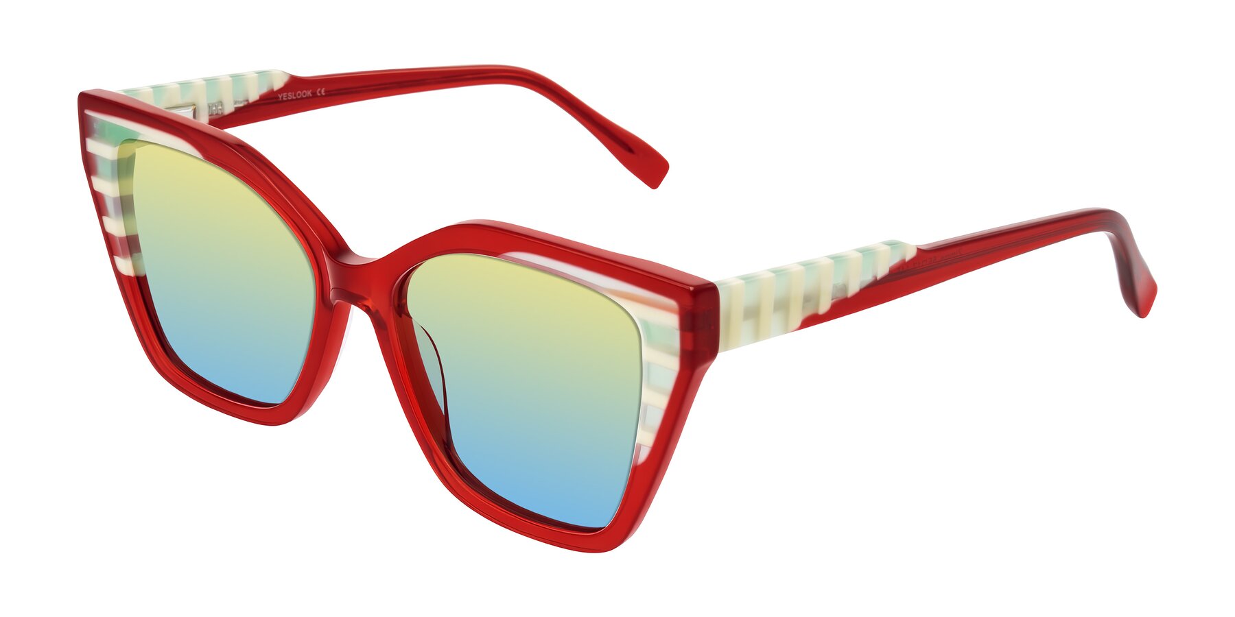 Angle of Zimme in Cherry Pop with Yellow / Blue Gradient Lenses