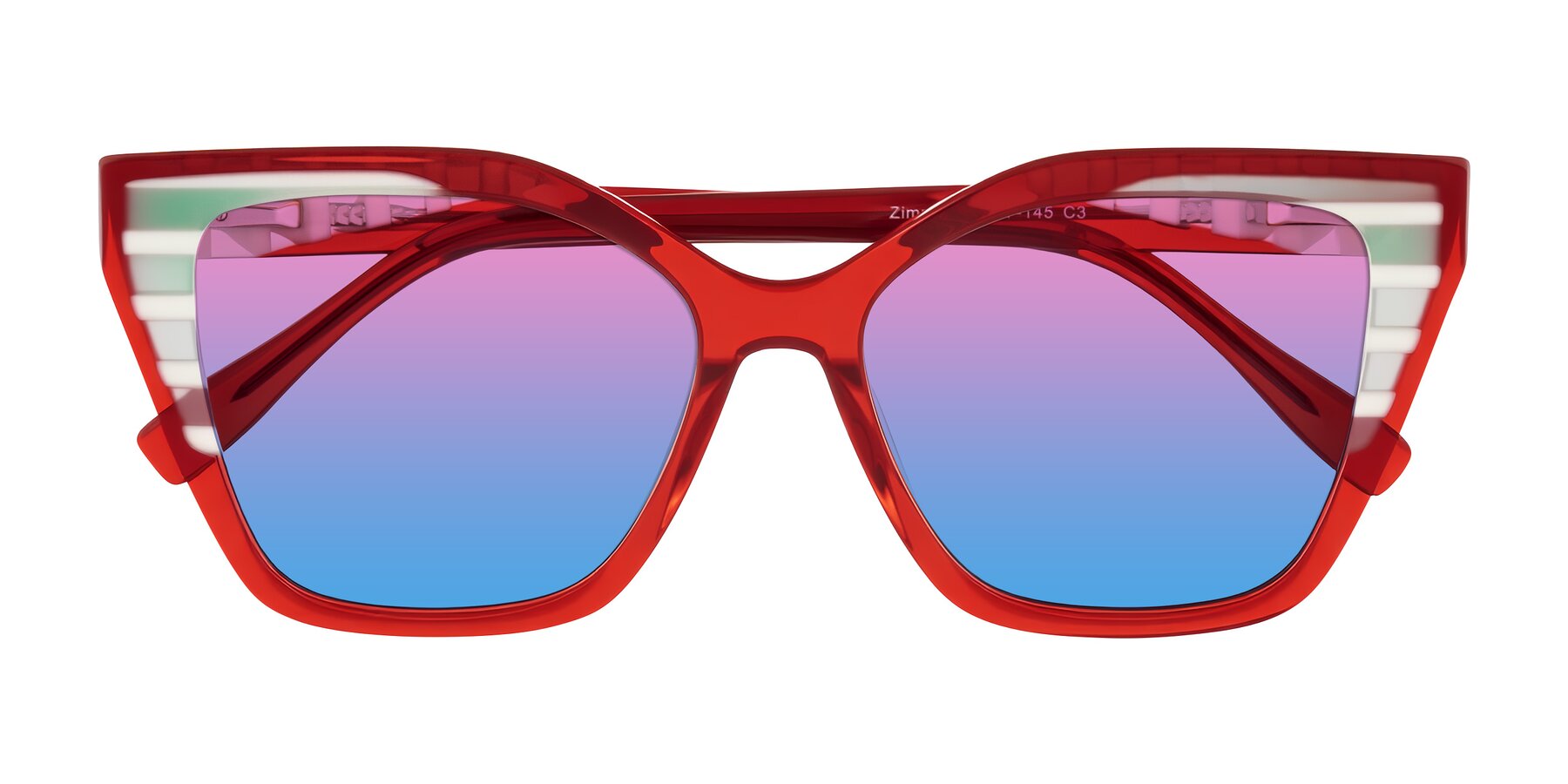 Folded Front of Zimme in Cherry Pop with Pink / Blue Gradient Lenses