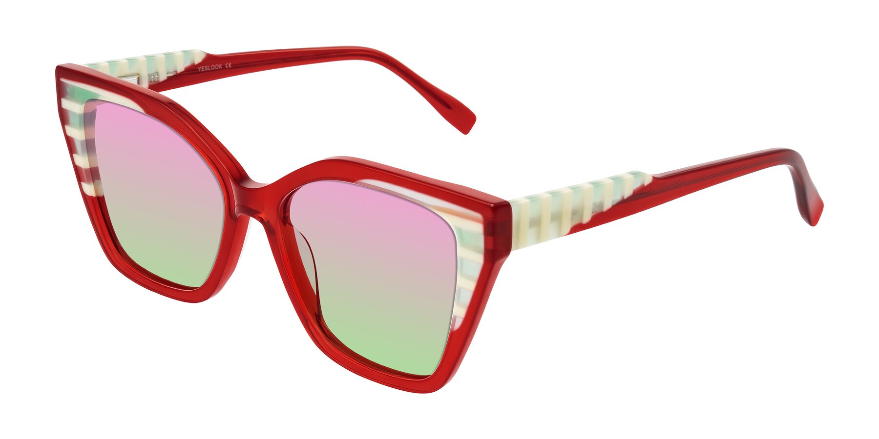 Angle of Zimme in Cherry Pop with Pink / Green Gradient Lenses