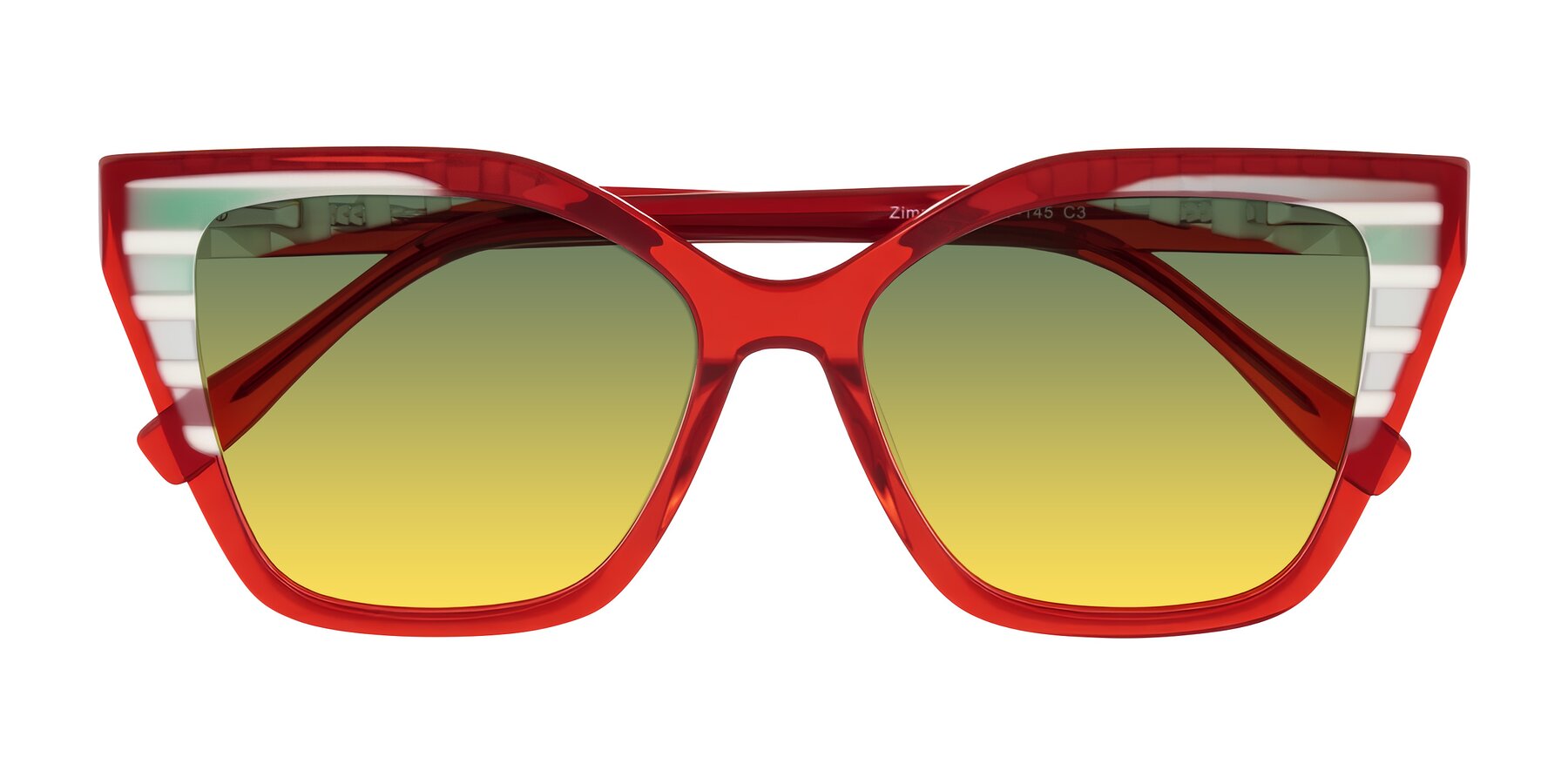 Folded Front of Zimme in Cherry Pop with Green / Yellow Gradient Lenses