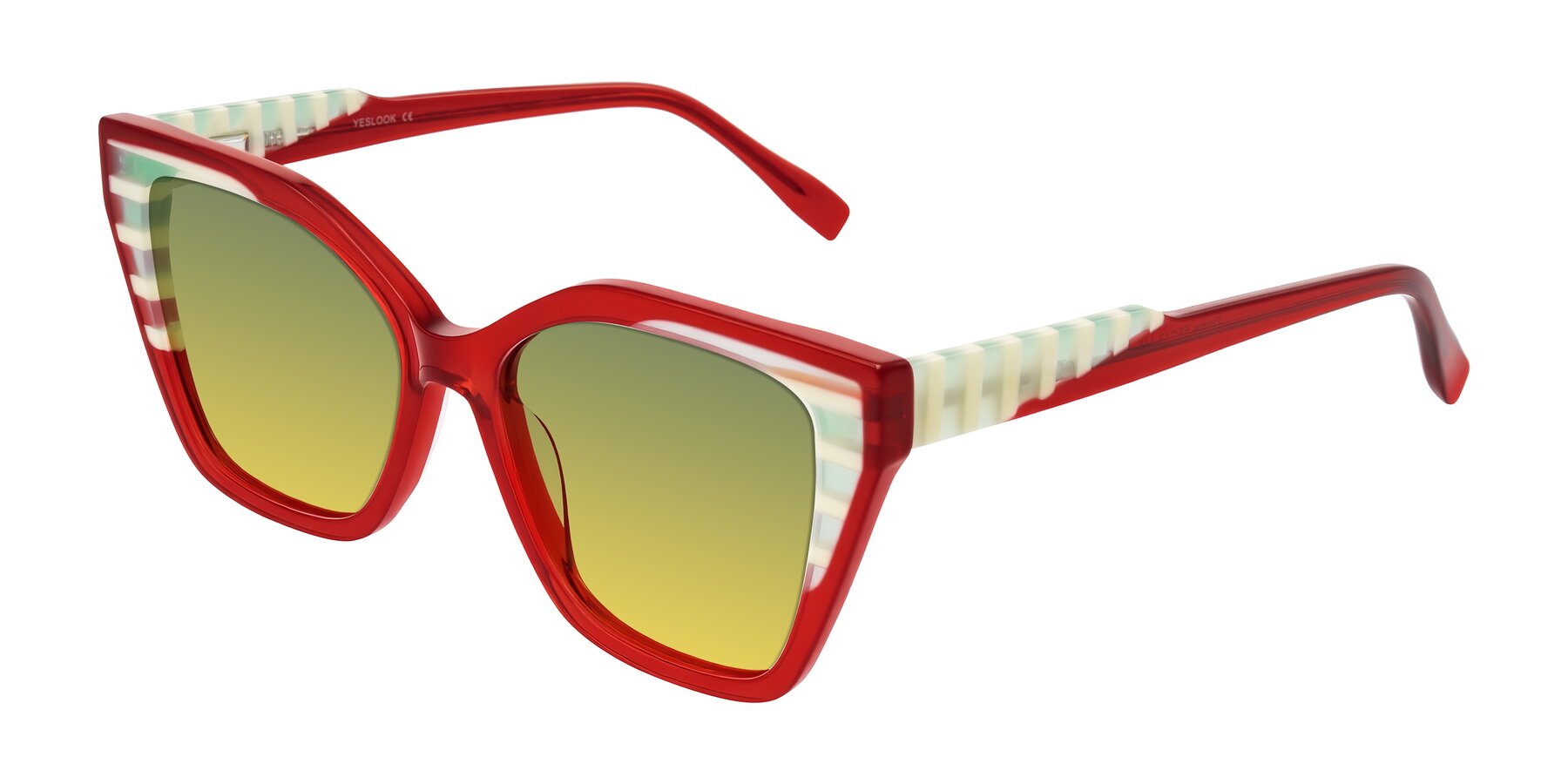 Angle of Zimme in Cherry Pop with Green / Yellow Gradient Lenses