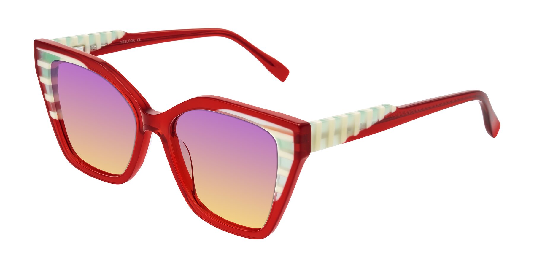 Angle of Zimme in Cherry Pop with Purple / Yellow Gradient Lenses