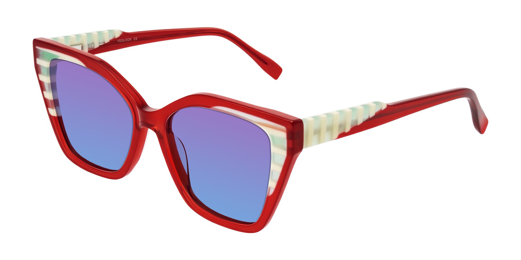 Angle of Zimme in Cherry Pop with Purple / Blue Gradient Lenses