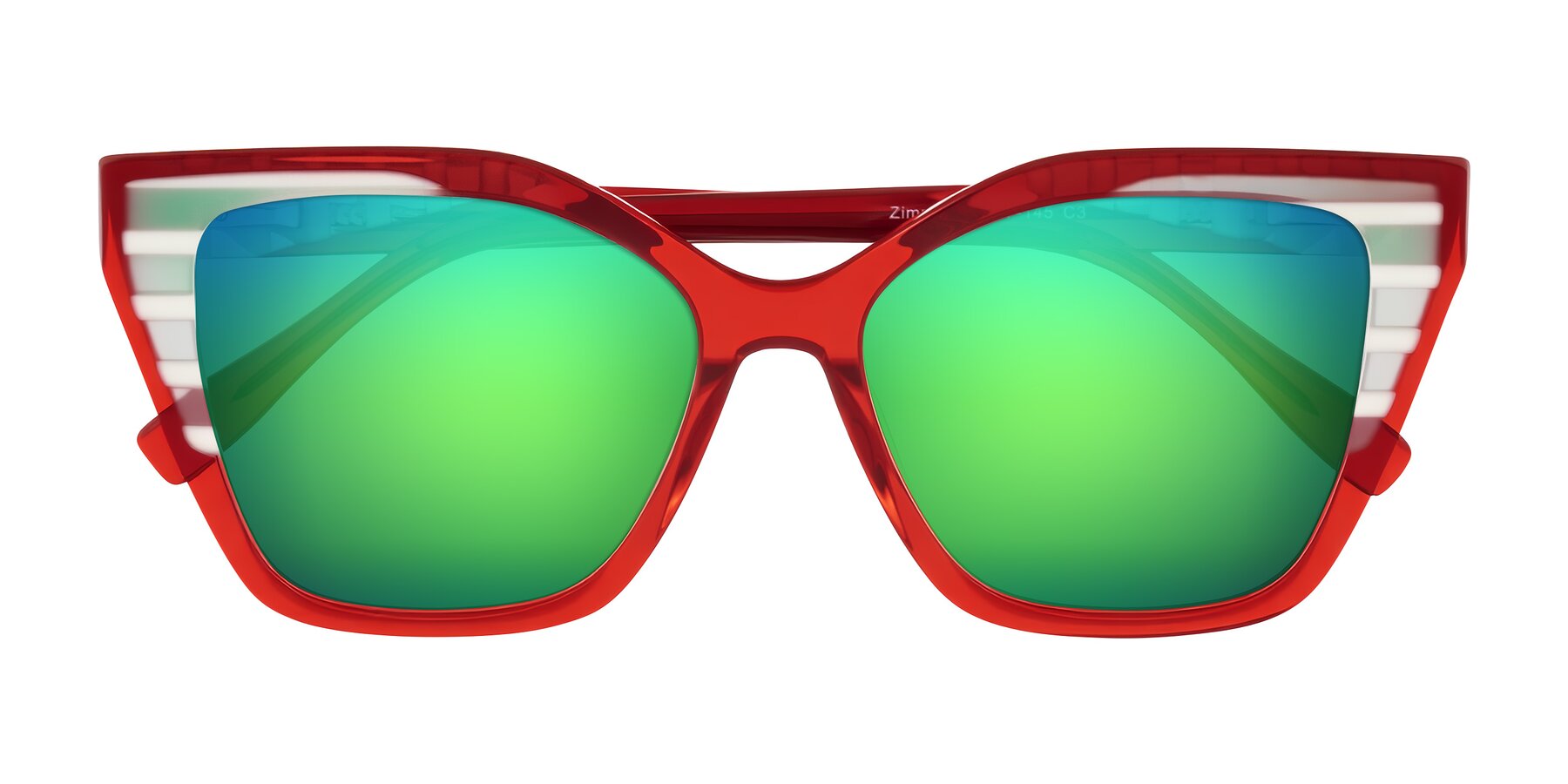 Folded Front of Zimme in Cherry Pop with Green Mirrored Lenses