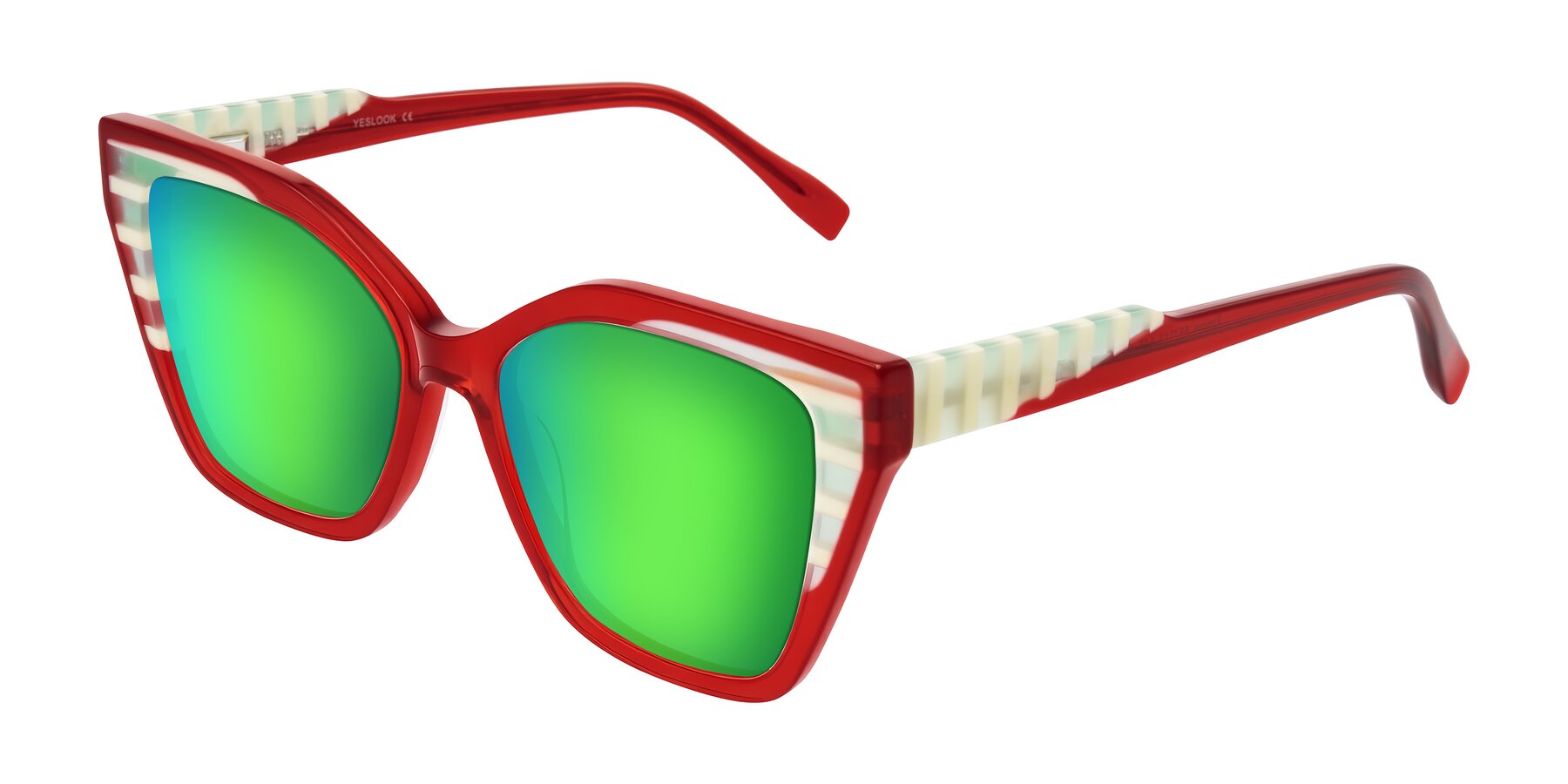 Angle of Zimme in Cherry Pop with Green Mirrored Lenses