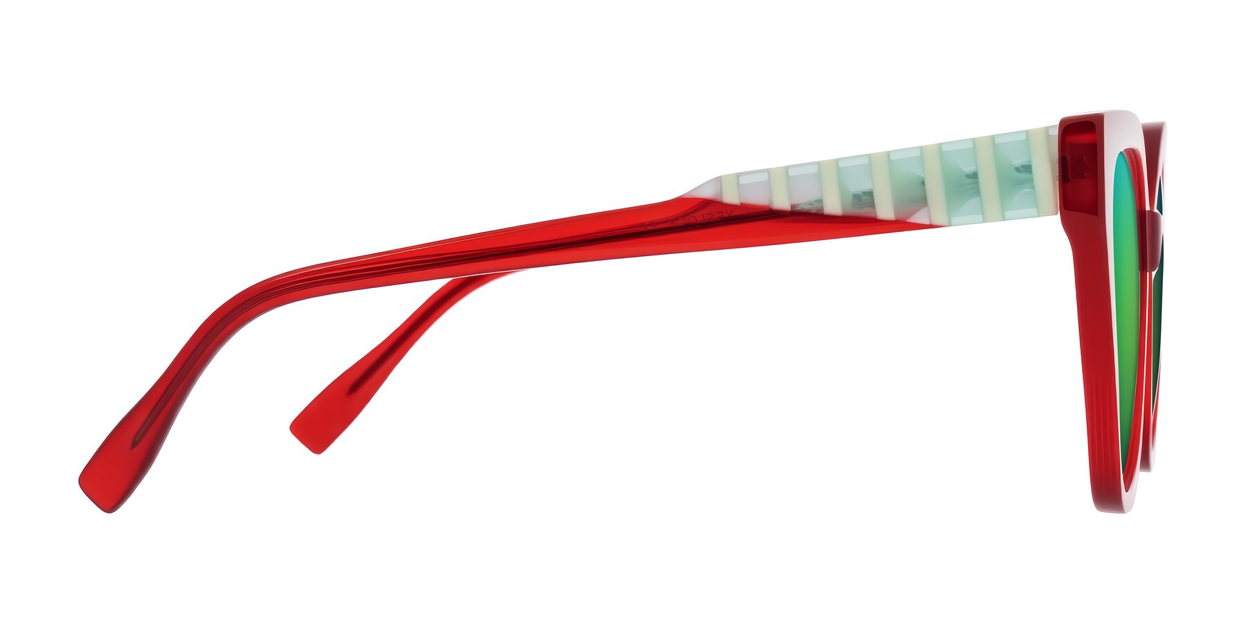 Side of Zimme in Cherry Pop with Green Mirrored Lenses