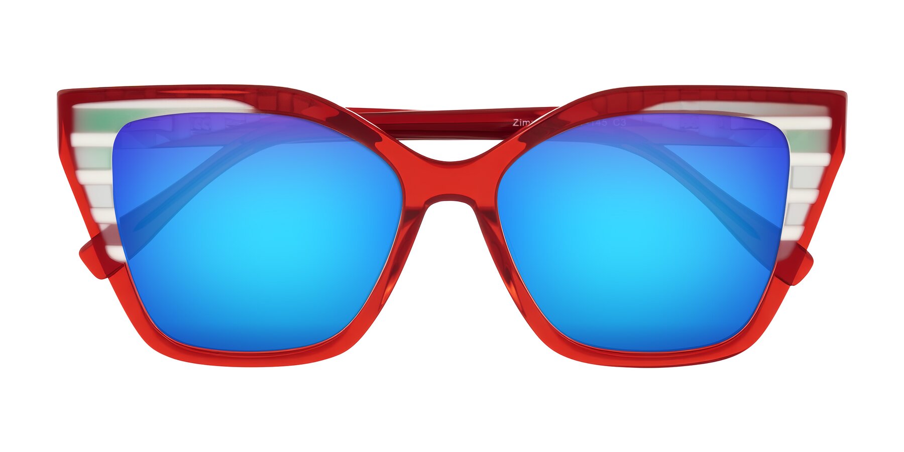 Folded Front of Zimme in Cherry Pop with Blue Mirrored Lenses