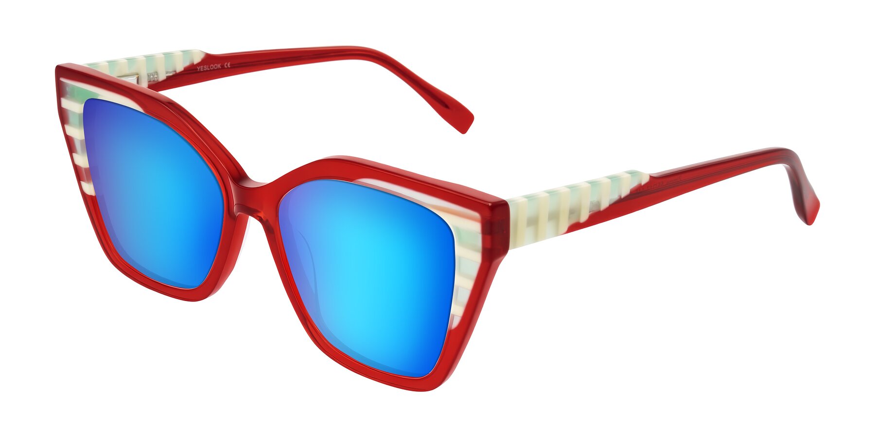 Angle of Zimme in Cherry Pop with Blue Mirrored Lenses