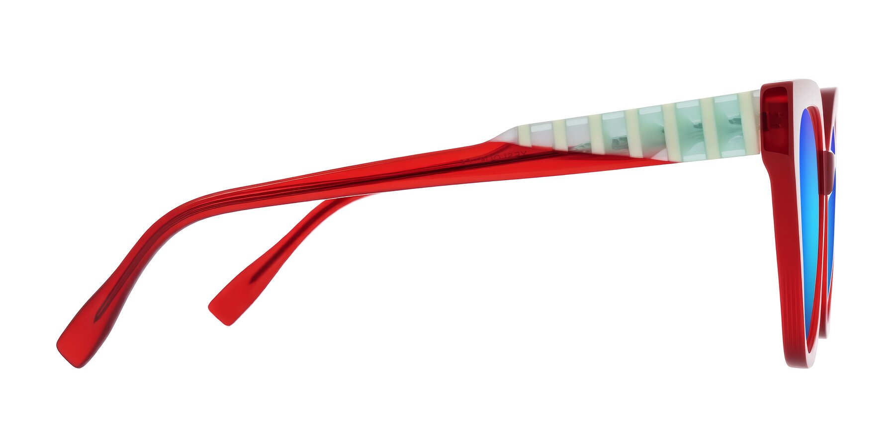 Side of Zimme in Cherry Pop with Blue Mirrored Lenses