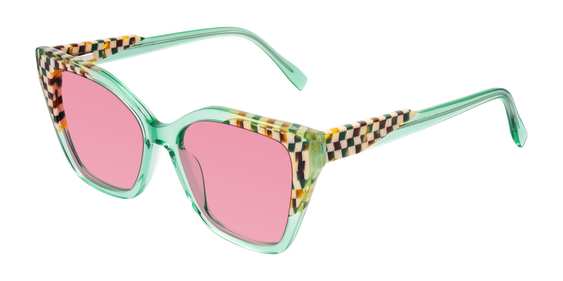 Angle of Zimme in Mint Mod with Pink Tinted Lenses