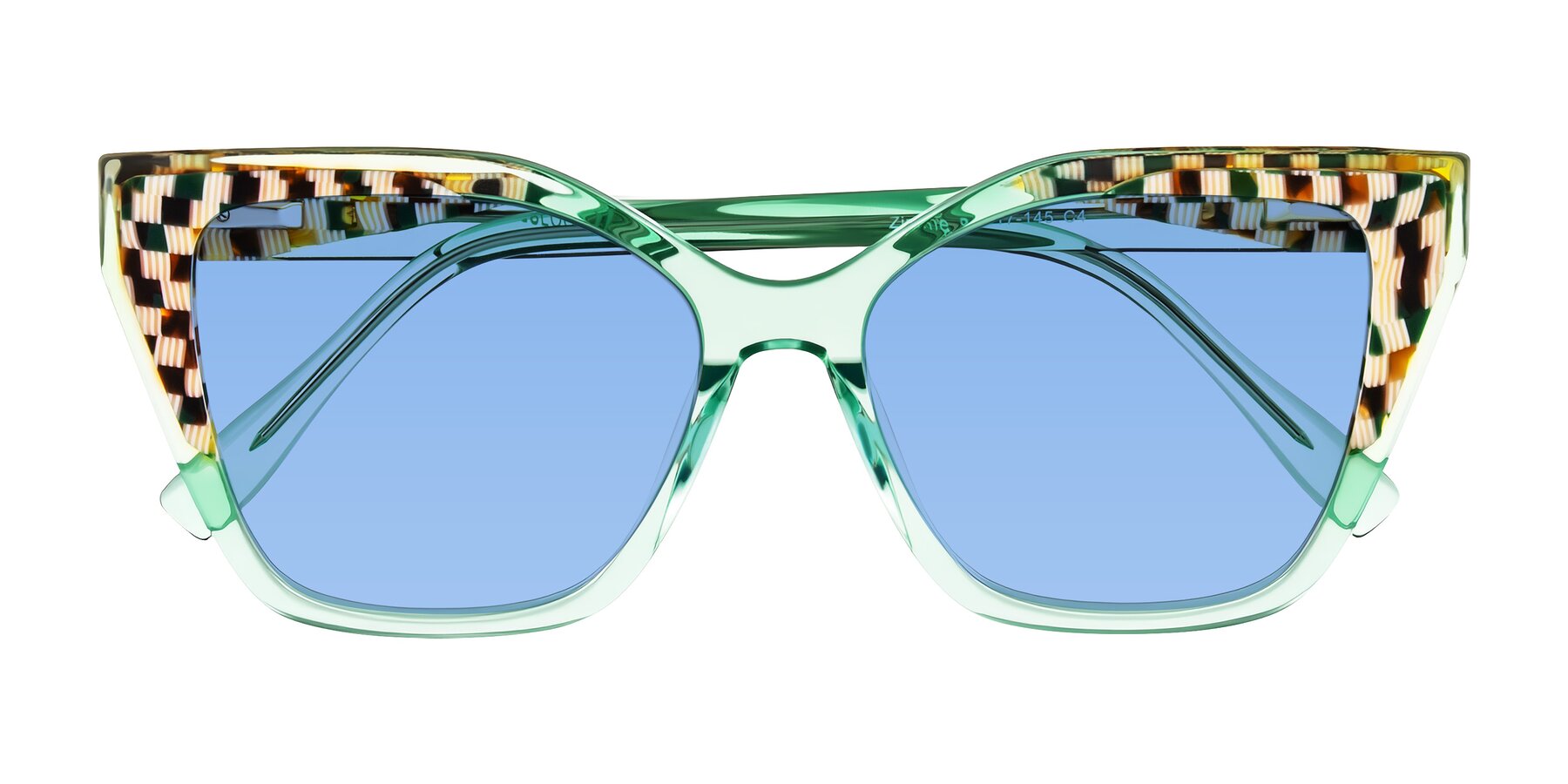 Folded Front of Zimme in Mint Mod with Medium Blue Tinted Lenses