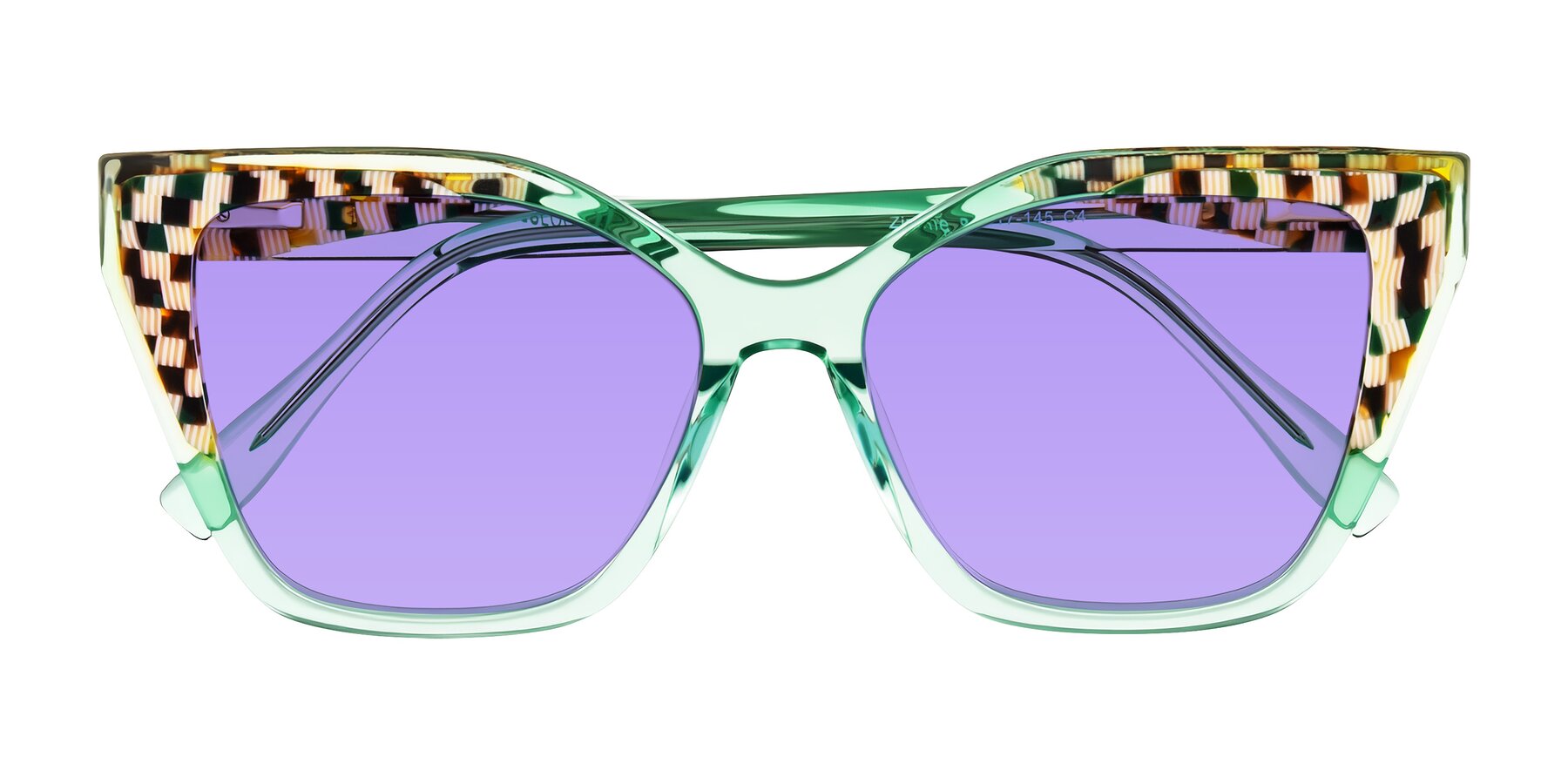 Folded Front of Zimme in Mint Mod with Medium Purple Tinted Lenses