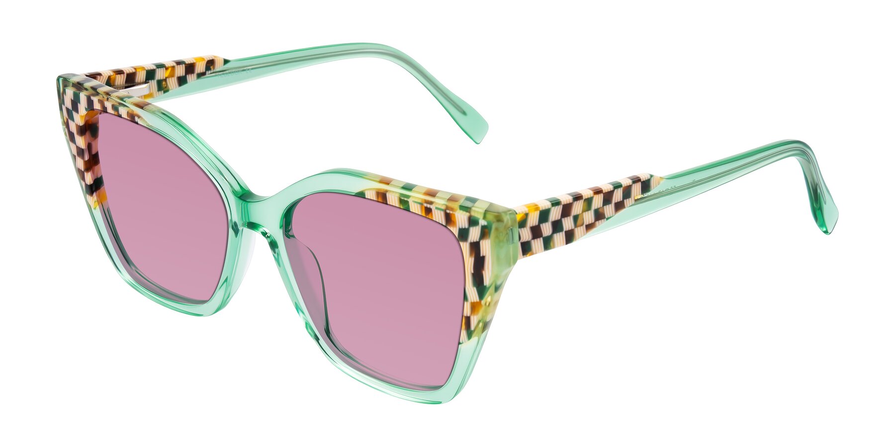 Angle of Zimme in Mint Mod with Medium Wine Tinted Lenses