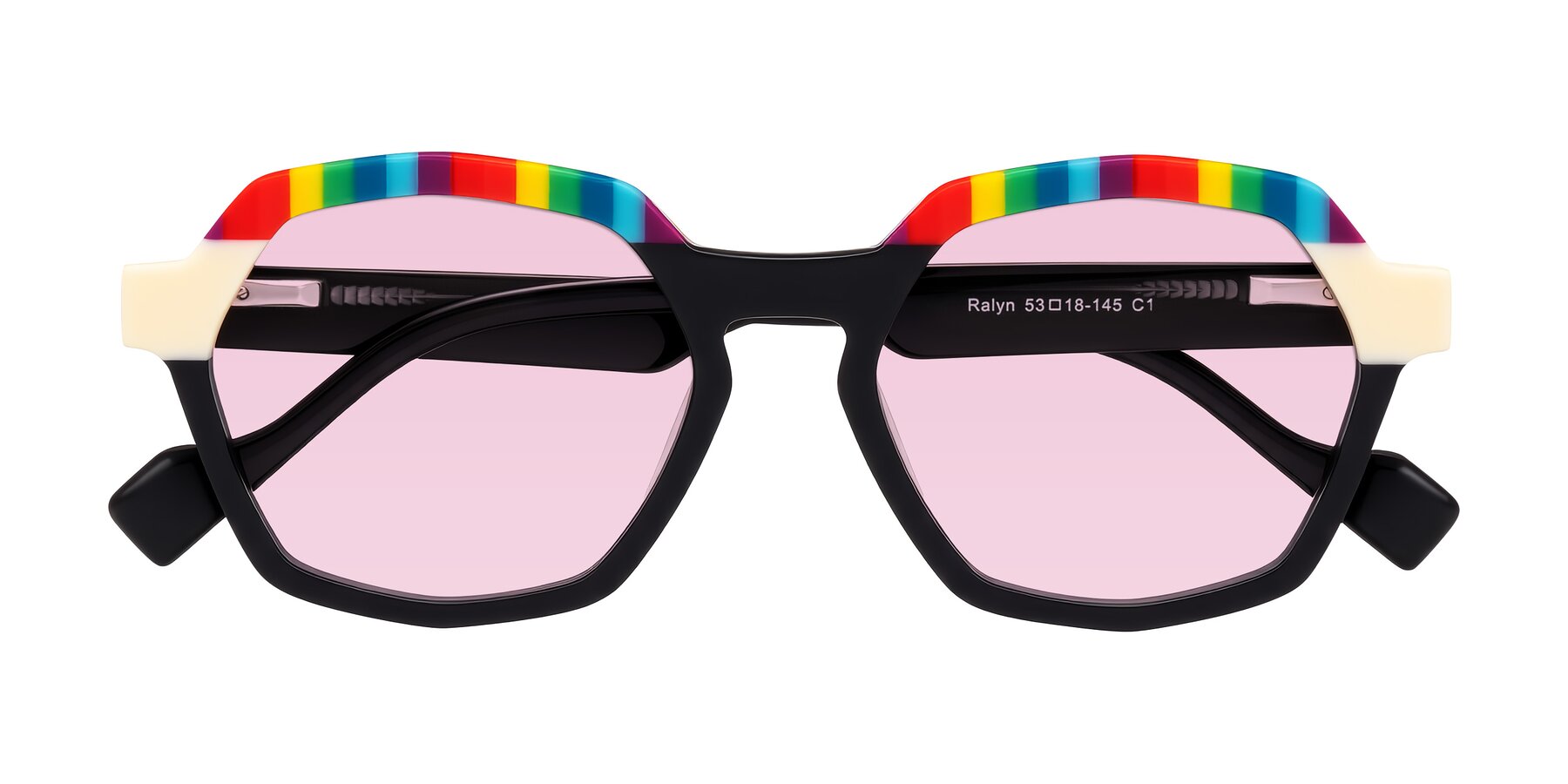 Folded Front of Ralyn in Rainbow Noir with Light Pink Tinted Lenses
