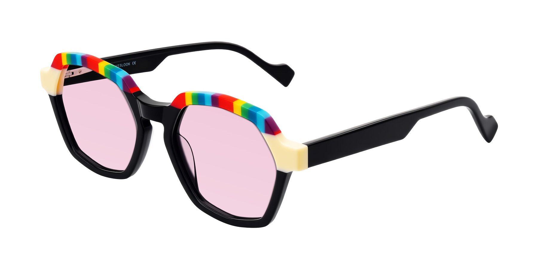 Angle of Ralyn in Rainbow Noir with Light Pink Tinted Lenses