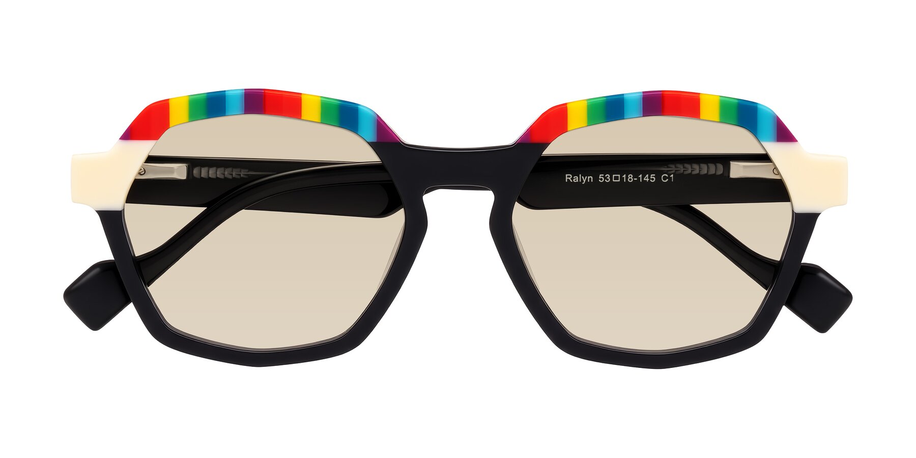 Folded Front of Ralyn in Rainbow Noir with Light Brown Tinted Lenses