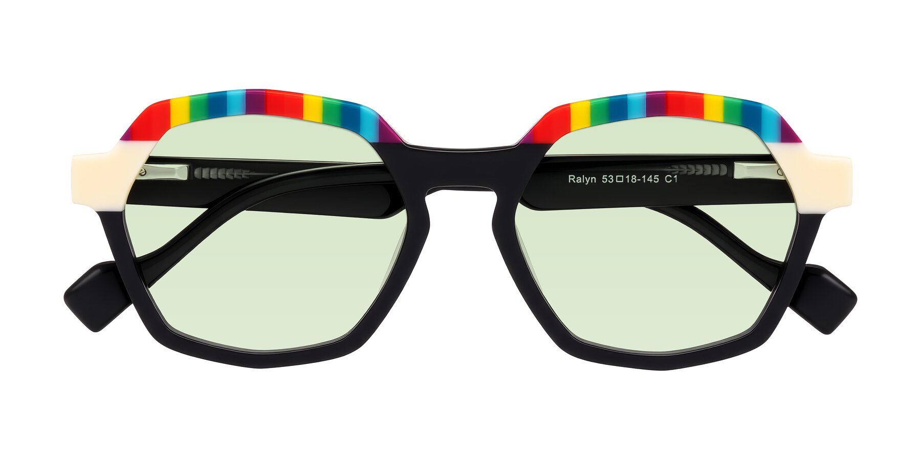 Folded Front of Ralyn in Rainbow Noir with Light Green Tinted Lenses