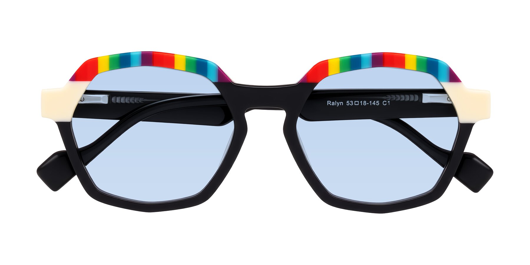 Folded Front of Ralyn in Rainbow Noir with Light Blue Tinted Lenses