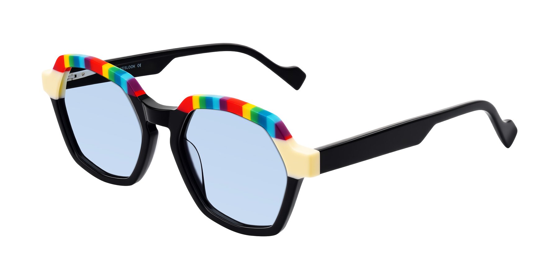 Angle of Ralyn in Rainbow Noir with Light Blue Tinted Lenses