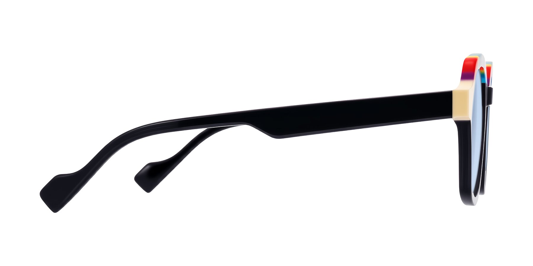 Side of Ralyn in Rainbow Noir with Light Blue Tinted Lenses