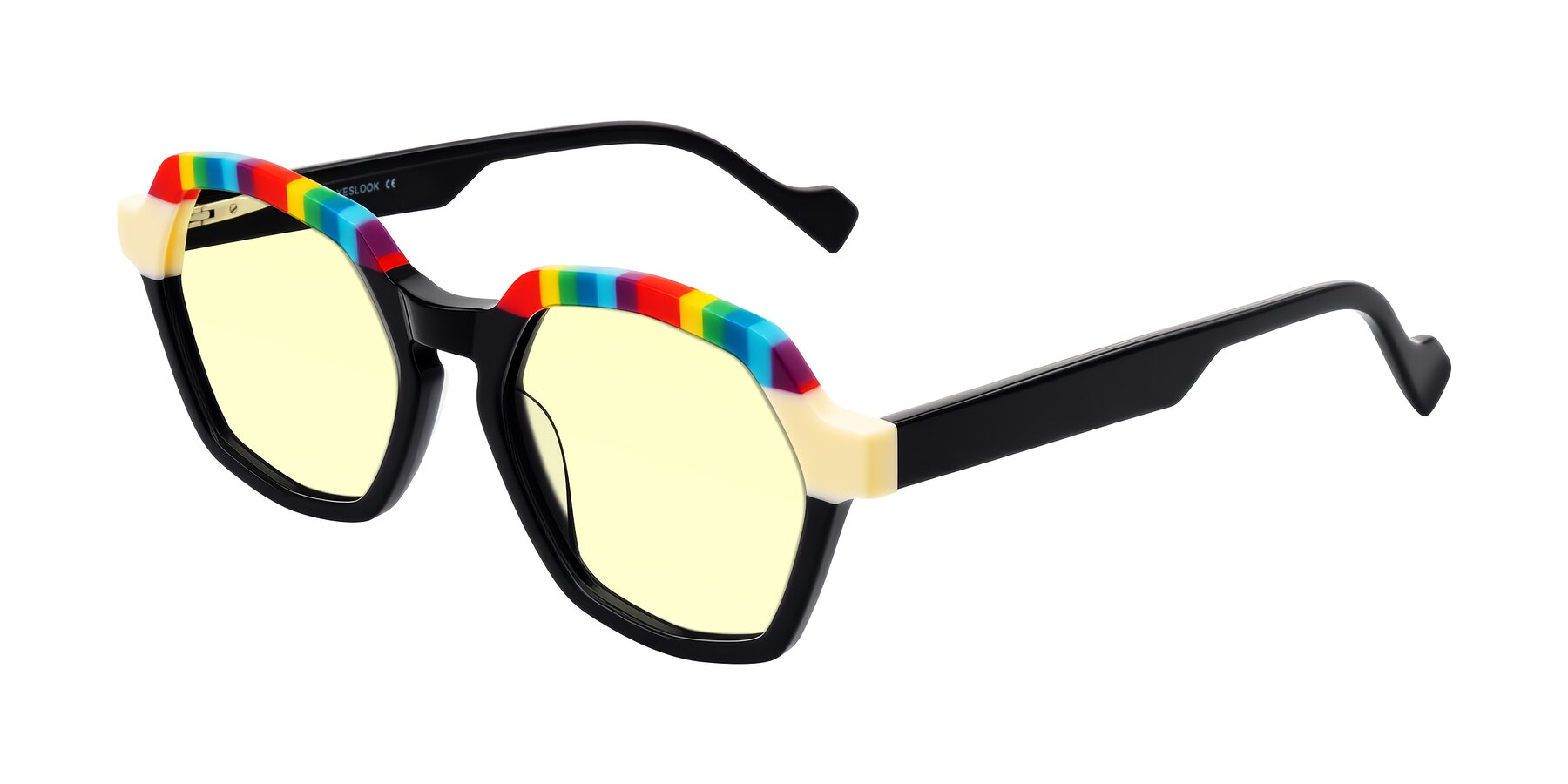 Angle of Ralyn in Rainbow Noir with Light Yellow Tinted Lenses