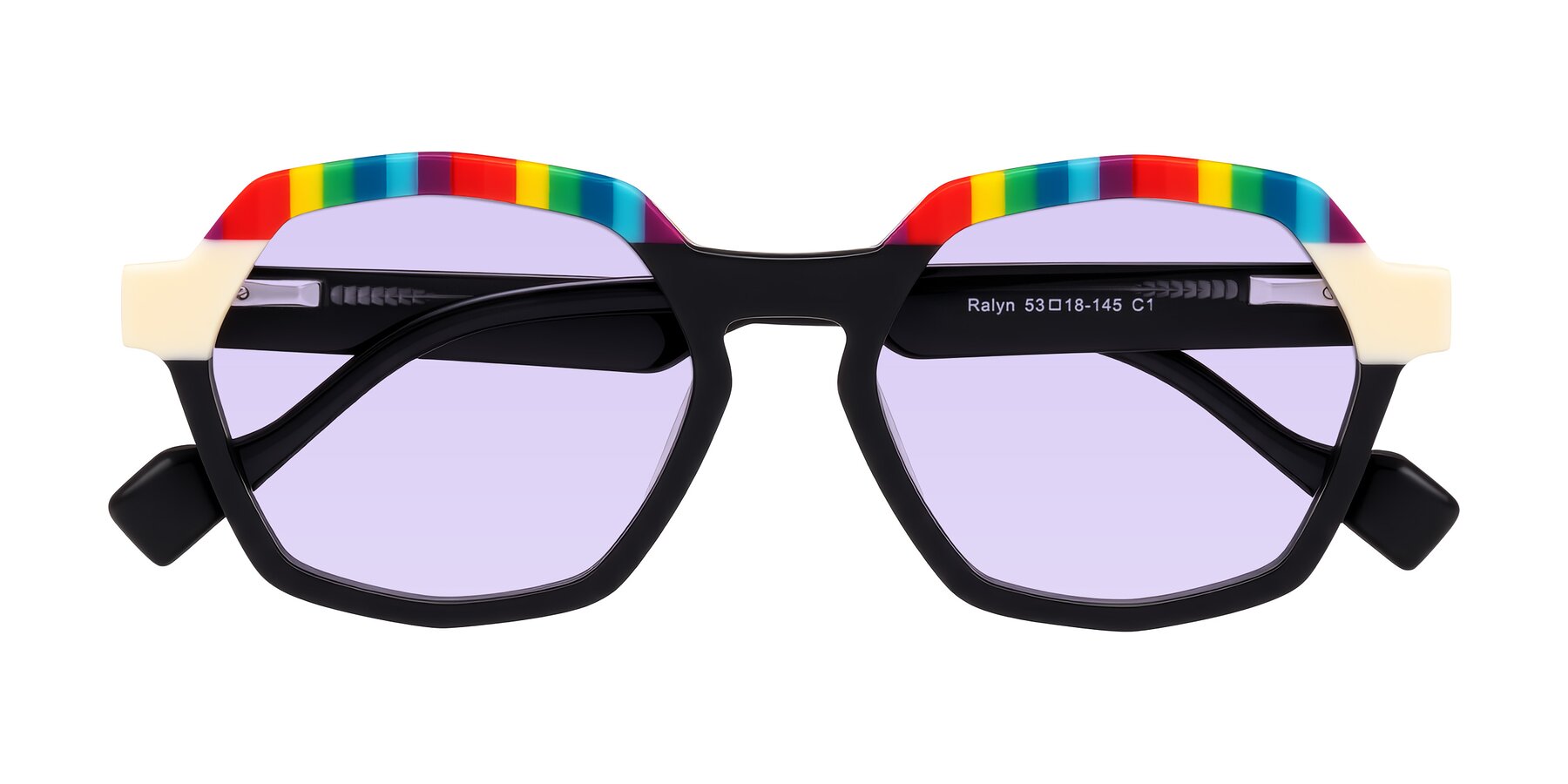 Folded Front of Ralyn in Rainbow Noir with Light Purple Tinted Lenses