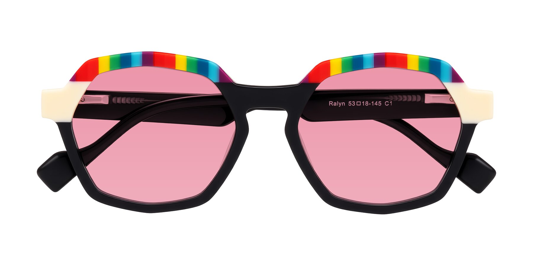 Folded Front of Ralyn in Rainbow Noir with Pink Tinted Lenses