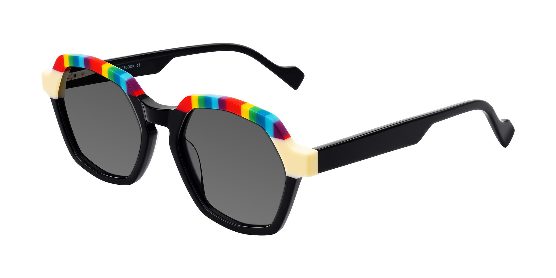 Angle of Ralyn in Rainbow Noir with Medium Gray Tinted Lenses