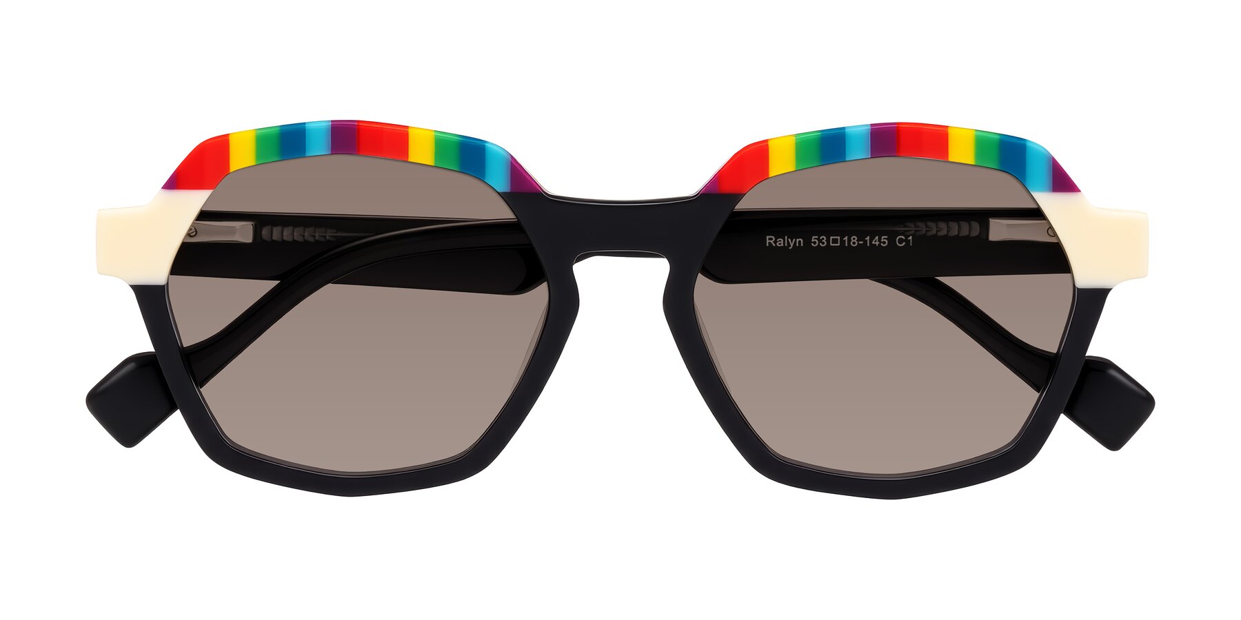 Folded Front of Ralyn in Rainbow Noir with Medium Brown Tinted Lenses