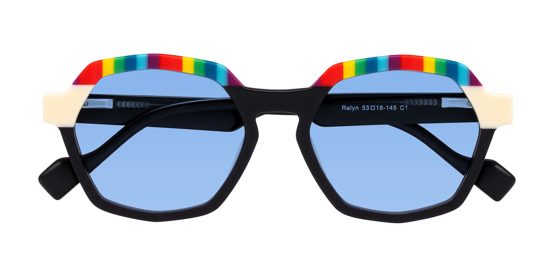Folded Front of Ralyn in Rainbow Noir with Medium Blue Tinted Lenses